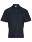 Preview: The image shows a dark blue polo shirt with short sleeves and a classic collar. It has three buttons at the neckline and fine stripes. There is a yellow logo at the corner.