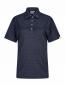 Preview: Das Bild zeigt ein kurzes, dunkelblaues Poloshirt mit feinen horizontalen Streifen. Es hat einen klassischen Kragen und drei Knöpfe auf der Vorderseite. An der Seite ist ein gelbes Detail zu sehen.