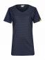 Preview: The image shows a dark blue T-shirt with short sleeves and a V-neck. It features fine, horizontal stripes and a small yellow logo on the left sleeve.