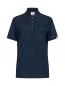 Preview: Das Bild zeigt ein dunkelblaues Poloshirt mit kurzen Ärmeln. Es hat einen edlen Kragen und drei Knöpfe auf der Vorderseite. An einem Ärmel befindet sich ein gelbes Logo.
