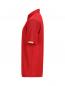 Preview: The image shows a red polo shirt. It has short sleeves and a classic collar. The surface is textured with fine vertical lines. There is a yellow label on the sleeve.