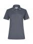 Preview: The image shows a gray women's polo shirt with a classic collar and four buttons. The material has fine, narrow stripes. There is a yellow label on one sleeve.