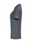 Preview: The image shows a gray polo shirt from the side. It has a collar, short sleeves, and a small yellow label on the left sleeve hem. The fabric has a fine texture.