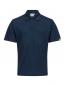 Preview: The image shows a dark blue polo shirt. It has short sleeves and a classic collar with three buttons. There is a yellow logo on the left sleeve.