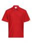 Preview: The image shows a red polo shirt with short sleeves and a classic collar. It has a straight fit and three buttons at the front. A small yellow patch is attached to one sleeve.