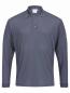 Preview: The image shows a long-sleeved, dark gray polo shirt. It features a classic collar and three buttons. The surface is slightly textured. A small yellow logo is on one sleeve.