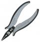 Preview: The image shows a pair of pliers with long, narrow jaws. The handles are ergonomically shaped, gray with black rubber elements for additional grip. The pliers have a shiny, metallic surface.