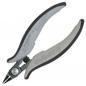Preview: The image shows a small pair of scissors with gray, ergonomic handles and a sharp, pointed blade. The mechanism for opening and closing is visible.
