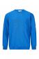 Preview: The image shows a blue sweater with long sleeves and a round neckline. The fabric features fine, horizontal stripes and a slightly loose fit. There is a small yellow logo on one sleeve.