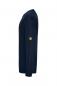 Preview: The image shows a long, dark blue sweater. It has a simple cut and a small yellow patch on the sleeve. The texture appears smooth and the sleeves are tight-fitting.