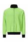 Preview: The image shows a green jacket with a zipper and a stand-up collar. The jacket features a narrow, striped fabric and black cuffs at the sleeve ends and the hem.