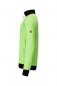 Preview: The image shows a light green, striped sweater with a black collar and cuffs. There is a small logo on the left side. The sweater is pictured from the side.
