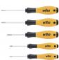 Preview: The image shows five screwdrivers with oval, ergonomic handles. The handles are black with yellow elements and the "wiha" logo. The blades vary in length and are slender.
