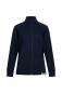 Preview: The image shows a dark blue jacket with a stand-up collar and a full-length zipper. The jacket has long sleeves and a subtle yellow brand applique at the hem.