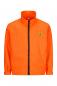 Preview: Das Bild zeigt eine orangefarbene Jacke mit hohem Kragen und einem durchgehenden Reißverschluss. Auf der linken Brust ist ein gelbes Logo sichtbar. Die Jacke hat lange Ärmel.