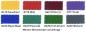 Preview: Das Bild zeigt eine Farbkarte mit acht rechteckigen Stoffmustern. Oben sind Gelb, Rot, Cherry und Lila. Unten sind Royal Blau, Peacock, Irish Green und Elefant.
