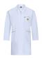 Preview: The image displays a white lab coat with long sleeves. It features a classic collar, two side pockets, and a chest pocket with a yellow logo. Red stitching accents the coat.
