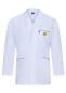 Preview: The image shows a white coat with long sleeves. It has a collar, two side pockets, and a chest pocket with a yellow logo. The coat is designed simply and professionally.