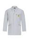 Preview: The image shows a white lab or doctor's coat with long sleeves. It has a simple cut, two side pockets, and a yellow logo with a symbol. The coat looks professional and functional.