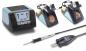 Preview: The image displays a soldering station set. It includes a digital controller with buttons, two soldering iron stands, a soldering iron with a handle, and a connection plug. The devices are in blue and black.