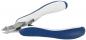 Preview: The image shows a pair of pliers with blue and white handles. The pliers have a movable, metallic tip for cutting. They are open and lying on a flat surface.