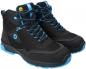 Preview: The image shows a pair of hiking boots. They are predominantly black with blue accents. The shoes feature a higher design, a textured surface, and striking laces.