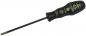 Preview: The image shows a screwdriver with a long, thin metal head and a grippy black plastic handle. The handle has yellow markings and labeling.