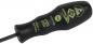 Preview: The image shows a black screwdriver with an ergonomic handle. The handle has green markings and inscriptions with technical details and a logo. The blade is long and thin.