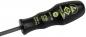 Preview: The image shows a black screwdriver with an ergonomic handle. Yellow lettering and a symbol are visible on the handle. The blade is narrow and straight.