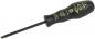 Preview: A black screwdriver with an ergonomic handle that has green prints. The tip is long and straight, suitable for Phillips screws. Ideal for precise work.