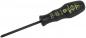 Preview: The image shows a black screwdriver with an ergonomic handle. The handle has green inscriptions and a curved end. The blade is narrow and straight, suitable for screws.