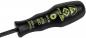Preview: The image shows a black screwdriver with an ergonomic handle. The handle has yellow lettering with details on size and manufacturer. The blade is narrow and straight.