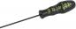 Preview: The image shows a screwdriver with a black, ergonomic handle. The handle has a yellow inscription and a slim metal blade that is straight and long.