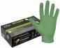 Preview: The image shows a green latex disposable glove, half lying on a black package. The packaging features yellow lettering and a hand symbol. It is hygienic and medical.