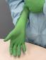 Preview: A hand is wearing a long, green rubber glove. The arm is in a light blue protective garment. The background is gray and the table is light.