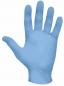 Preview: The image shows a hand in a light blue disposable glove. The fingers are slightly spread apart, the palm is visible, and the glove appears smooth and elastic.