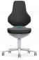 Preview: The chair has an ergonomic, black backrest that is slightly curved. The seat is oval and also black, with a blue control underneath. It stands on five casters.