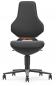 Preview: The office chair has a high, curved backrest and a wide, padded seat. Both elements are covered in dark fabric. The chair has five casters and a central support.