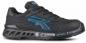 Preview: The shoe is black with a textured upper and blue accents. It has a flat sole with a sturdy tread and an inscription on the side "Don't worry... be happy!".