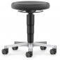 Preview: The stool has a round, black seat and an adjustable height. It stands on a stable base with five casters, which provide mobility. The casters have yellow details.