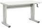 Preview: The image shows an adjustable-height desk. The tabletop is rectangular and white, and the frame is made of gray metal with a hand crank for height adjustment.