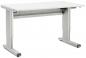 Preview: The image depicts a simple, modern desk in light gray. The tabletop is large and flat, the legs are sturdy and slightly tapered. The design appears minimalist and functional.