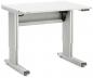Preview: The image shows an adjustable-height desk with a white surface and silver legs. The tabletop is smooth, and there are control buttons on one side for height adjustment.
