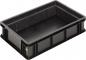 Preview: The image shows a rectangular, black plastic box without a lid. It has high walls and a smooth interior surface with vertical grooves on the sides. Ideal for storage or transport.