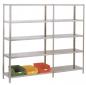 Preview: The image displays a metallic shelving system with several straight, empty shelves. At the bottom, there are three colored boxes: a green, a yellow, and a red one.