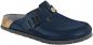 Preview: The image depicts a blue clog shoe. It features a closed front, a wide, open heel area, and an adjustable strap with a buckle. The sole is slip-resistant.