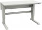 Preview: The image displays a modern, simple desk. It features a rectangular, smooth white tabletop and two sturdy, gray H legs that provide stability.