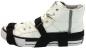 Preview: The image shows a white high-top sneaker. The shoe has black straps wrapped around it and a white rubber sole. The laces are visible.