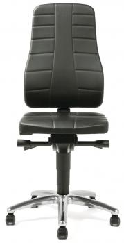 The image shows a black office chair with a high, straight backrest and a padded seat. The chair has five casters and an adjustable base.