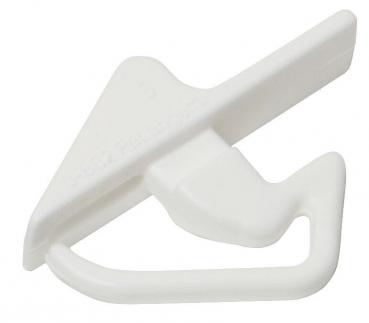 The image shows a small, white plastic hook in the shape of a simple device. It has a triangular tip and a loop resembling a clip, likely used for attaching or hanging.